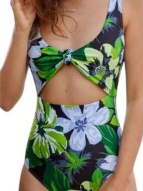 aerie Green & Black Floral Cutout One-Piece Swimsuit